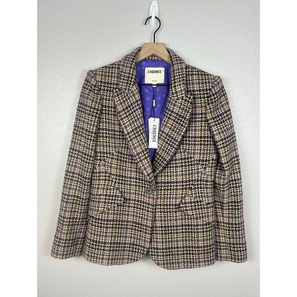 L'Agence NWT Tweed Wool Blend Houndstooth Blazer Tan Sz 4 Office Business Casual - Picture 3 of 9
